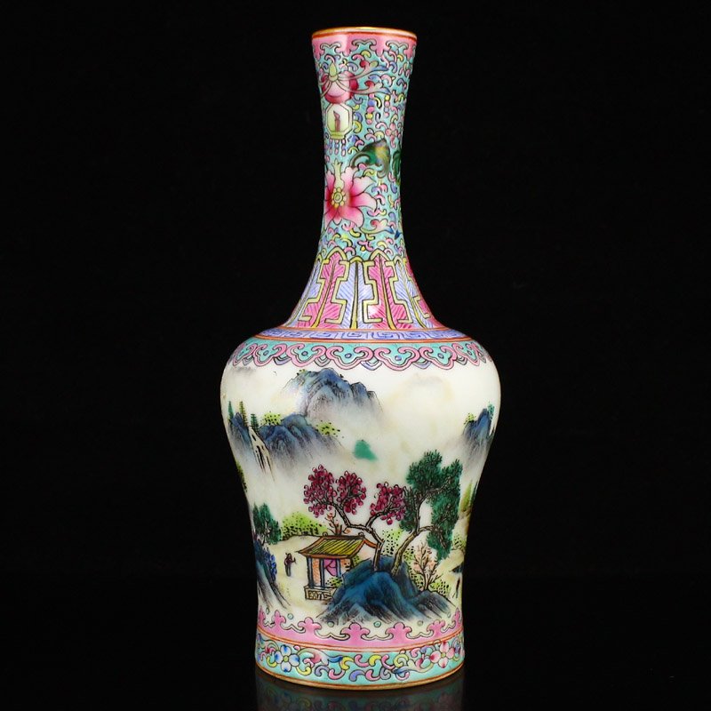 Famille Rose Mountain Village Scene Porcelain Vase (1 of 7)