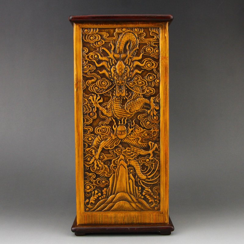 Chinese Boxwood Wood Dragon & Fireball Square Brush Pot (1 of 7)