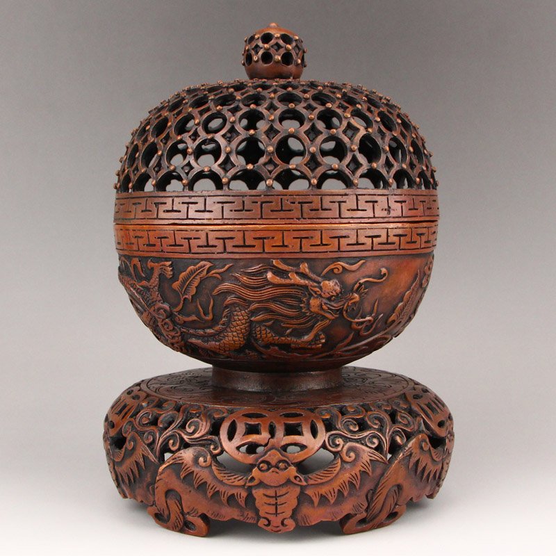 Openwork Chinese Red Copper Lucky Dragon Incense Burner (1 of 8)