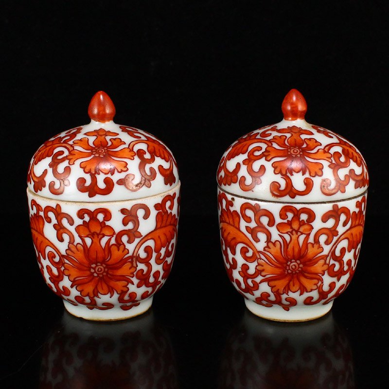 A Pair Chinese Iron Red Glaze Porcelain Pots & Lid (1 of 9)