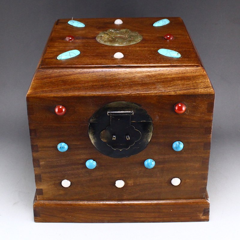 Vintage Zitan Wood Inlay Jade & Gems Jewelry Box (1 of 8)