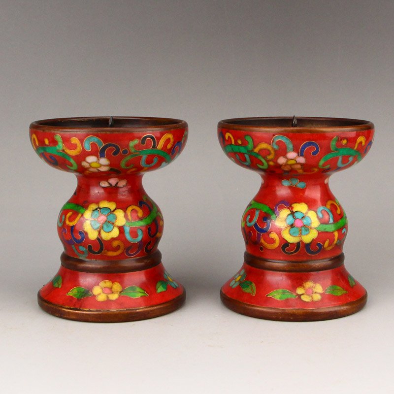 A Pair Vintage Chinese Red Copper Cloisonne Candlestick (1 of 9)