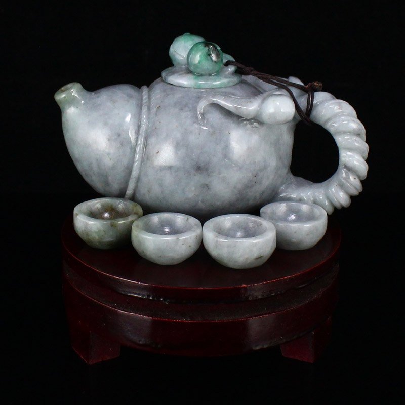 A Set Natural Jadeite Ruyi Gourd Style Teapot w Cups (1 of 11)