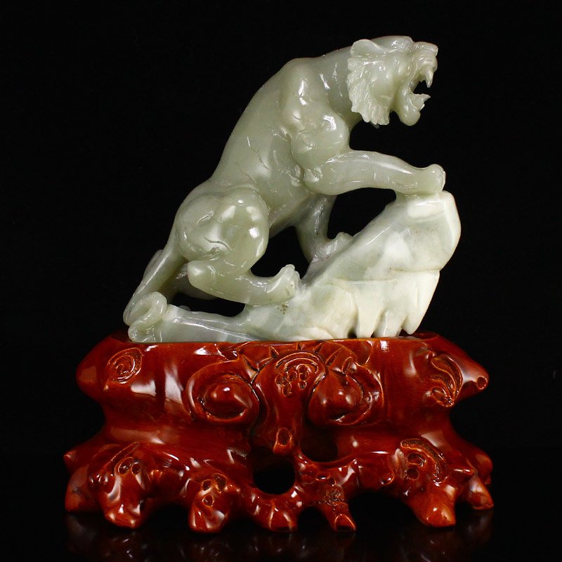 Chinese Natural Hetian Jade Tiger Statue w Certificate (1 of 10)