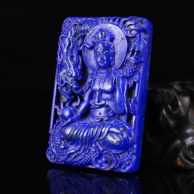 Chinese Natural Lapis Lazuli Kwan-yin & Dragon Pendant (1 of 7)