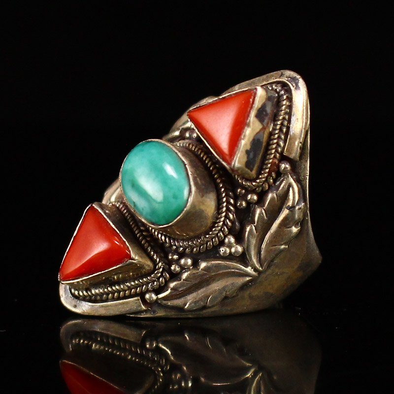 Vintage Pure Silver Inlay Turquoise & Red Coral Ring (1 of 6)