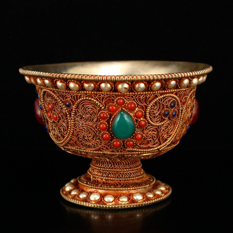 Tibetan Buddhist Silver Inlay Gem Cup (1 of 7)