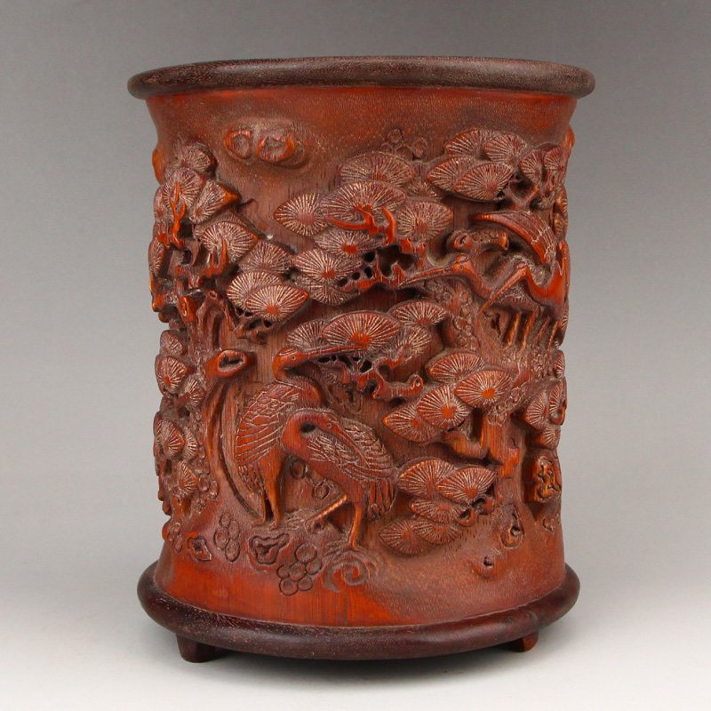 Vintage Bamboo Low Relief Pine Tree Crane Brush Pot (1 of 8)