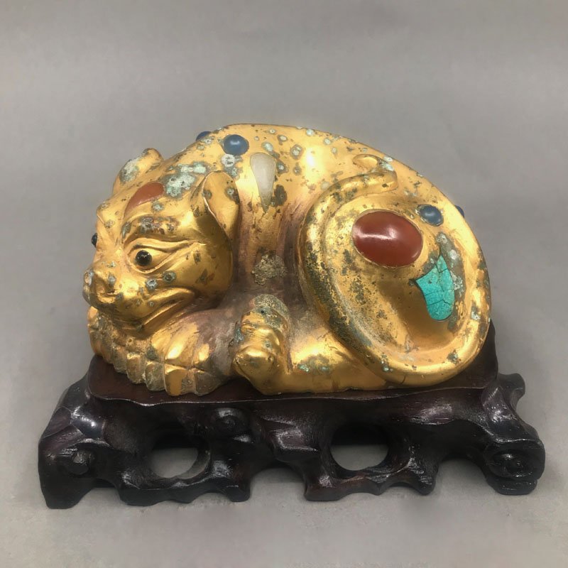 Vintage Gilt Gold Bronze Inlay Gems Lucky Beast Statue (1 of 8)