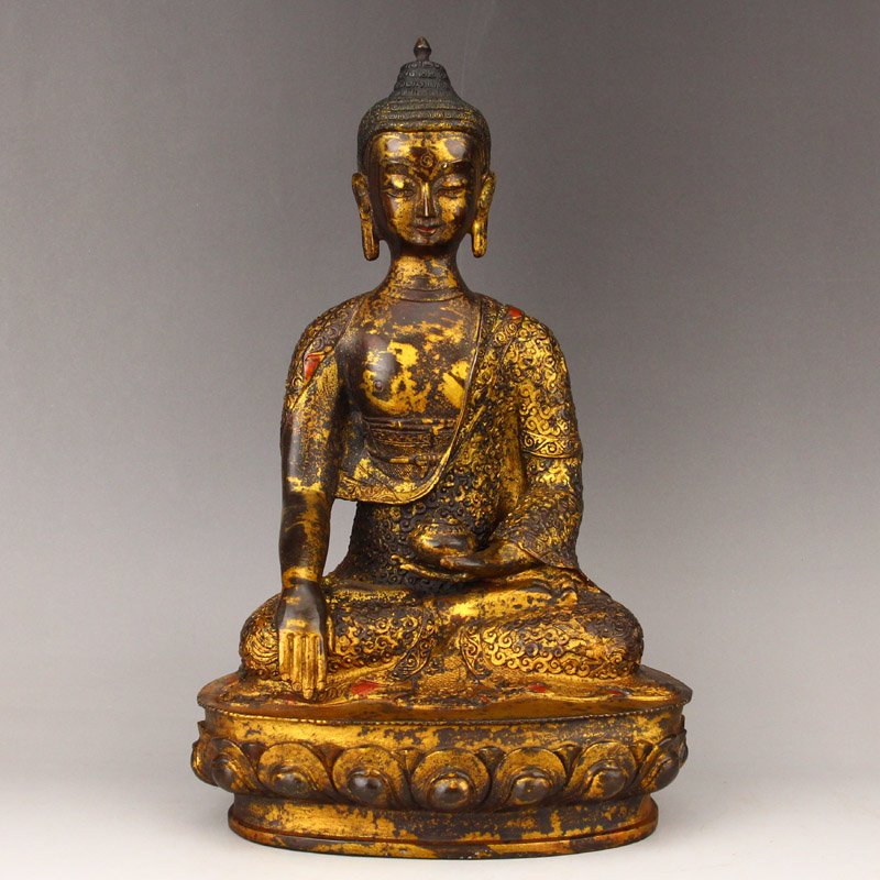 Vintage Gilt Gold Red Copper Medicine Buddha Statue (1 of 10)