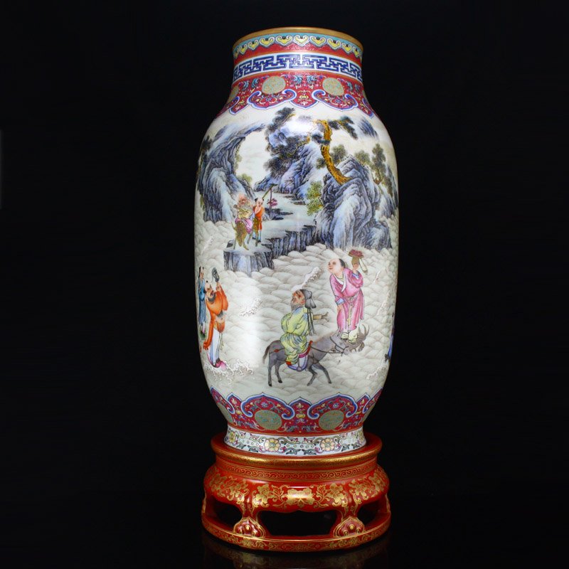 Qing Dy Gilt Edge Famille Rose Porcelain Vase w Base (1 of 15)