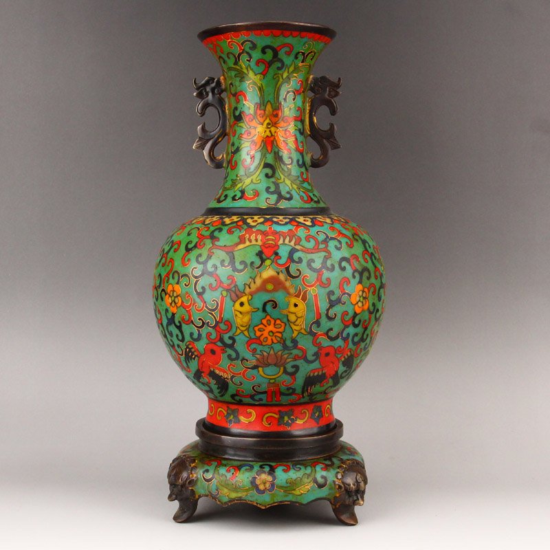 Chinese Qing Dy Red Copper Cloisonne Double Ears Vase (1 of 10)
