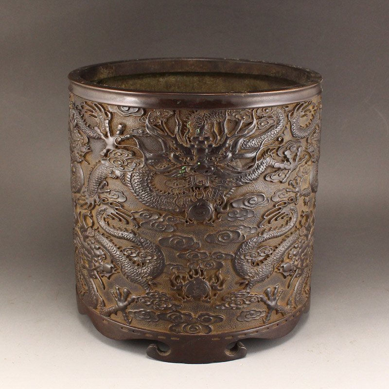 Qing Dy Low Relief Red Copper Cloud Dragon Brush Pot (1 of 11)