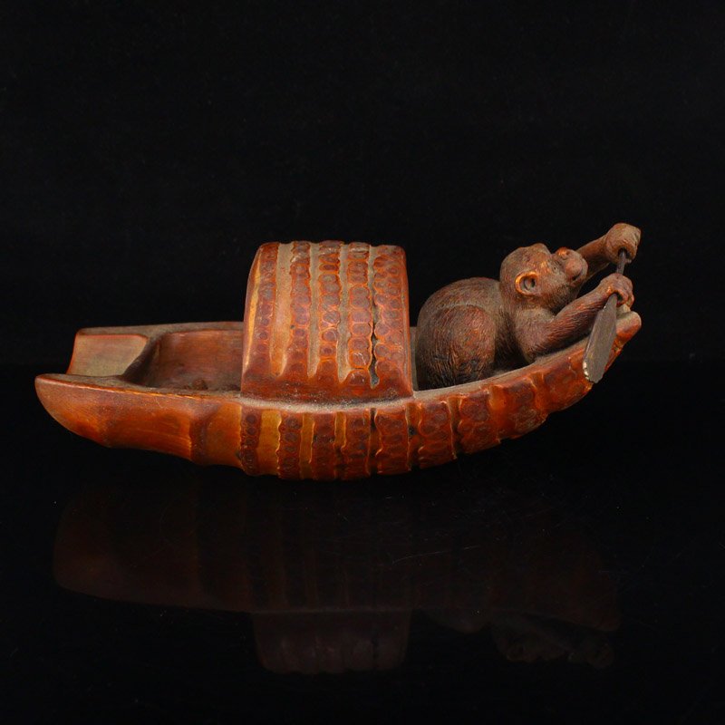 Vivid Chinese Bamboo Root Carved Monkey & Boat Statue (1 of 7)