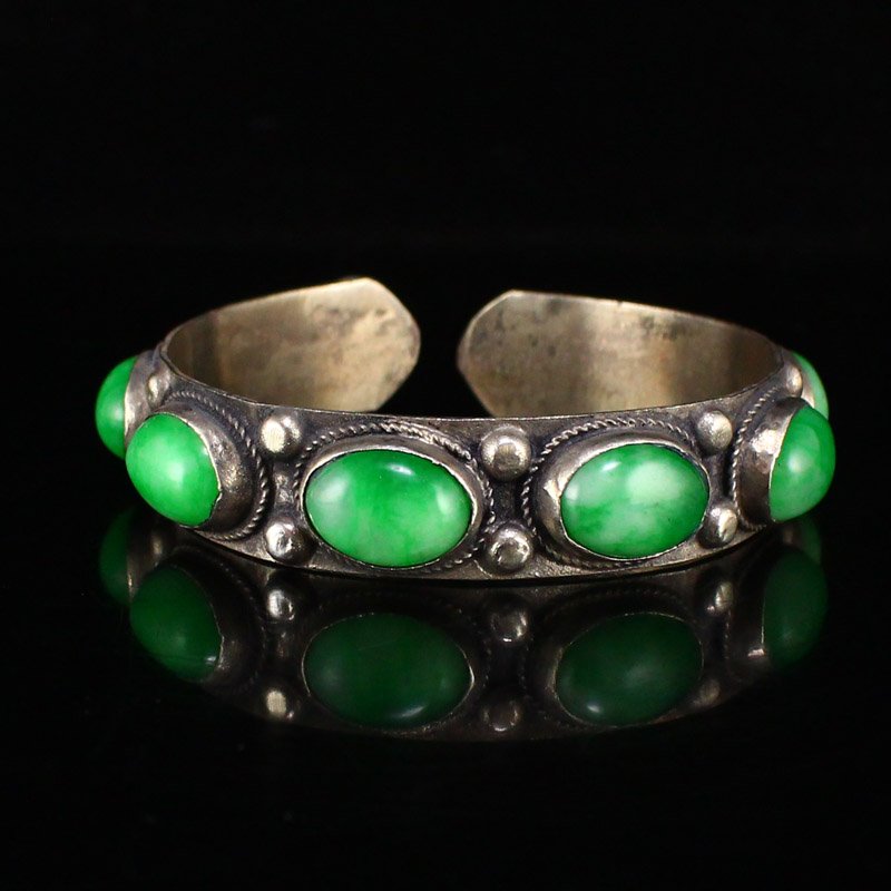 Vintage Chinese Silver Inlay Green Jade Bracelet (1 of 6)