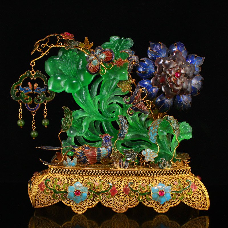 Superb Gold Wires Enamel Inlay Green Jade Statue (1 of 13)