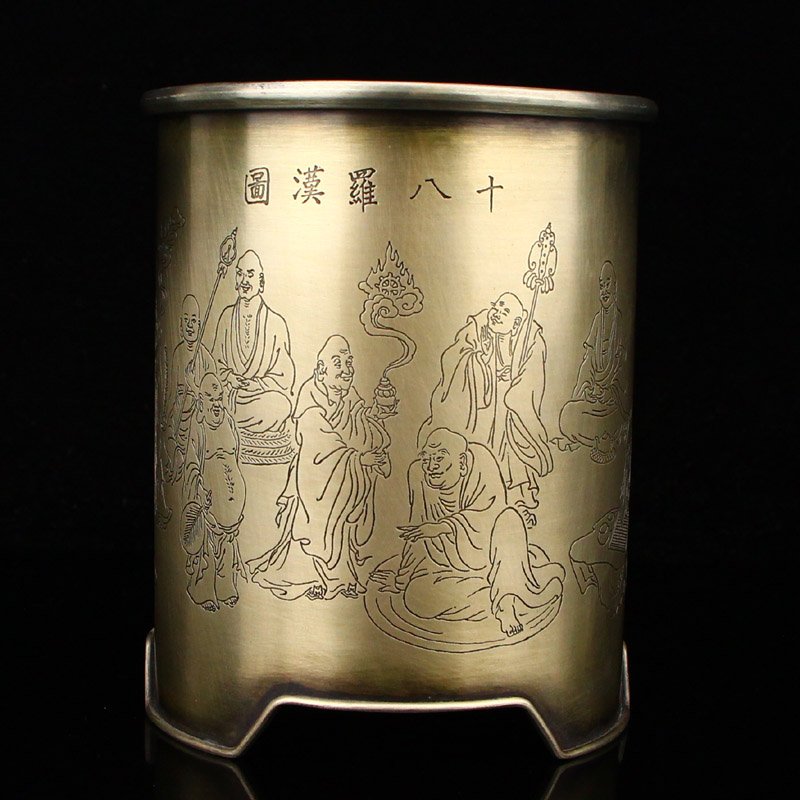 Chinese White Copper Brush Pot - The Eighteen Arhat: Vintage Chinese White Copper Brush Pot - The Eighteen Arhat Dimension: 129 x 107 x 107(mm) 5.08 x 4.21 x 4.21(inches) Weight: 1 lbs/453 g