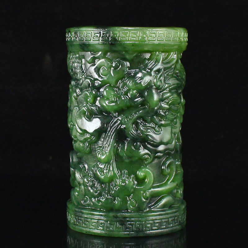 Chinese Natural Green Hetian Jade Brush Pot w Dragon (1 of 8)