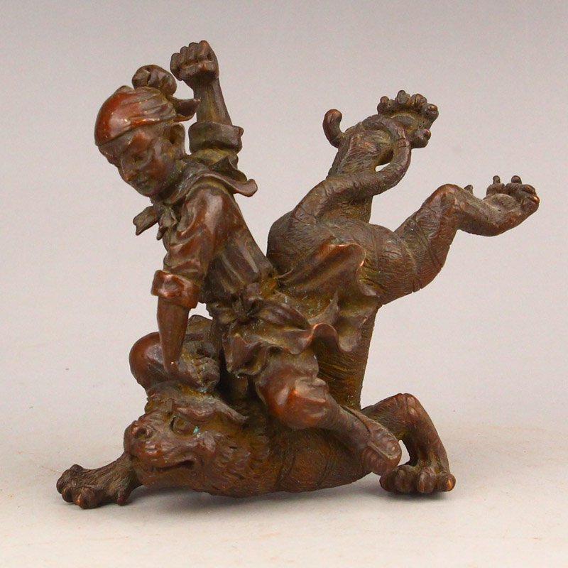 Chinese Red Copper Figure & Tiger Statue (1 of 7)