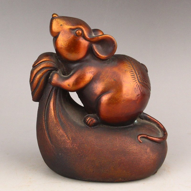 Chinese Red Copper Fortune Mouse & Money Bag Statue (1 of 6)