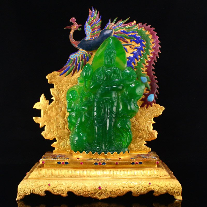 Green Jade Kwan-Yin Statue w Gilt Gold Red Copper Base (1 of 10)