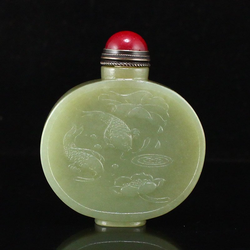 Hetian Jade Low Relief Lotus Flower & Fish Snuff Bottle (1 of 8)