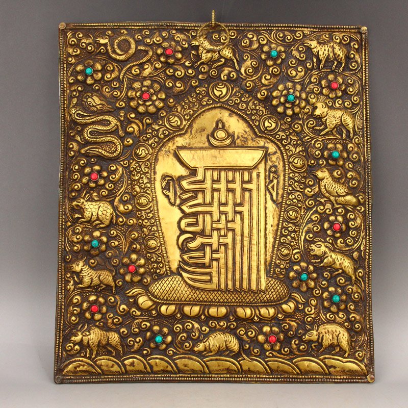 Tibetan Buddhism Gilt Gold Red Copper Inlay Gem Tangka (1 of 10)