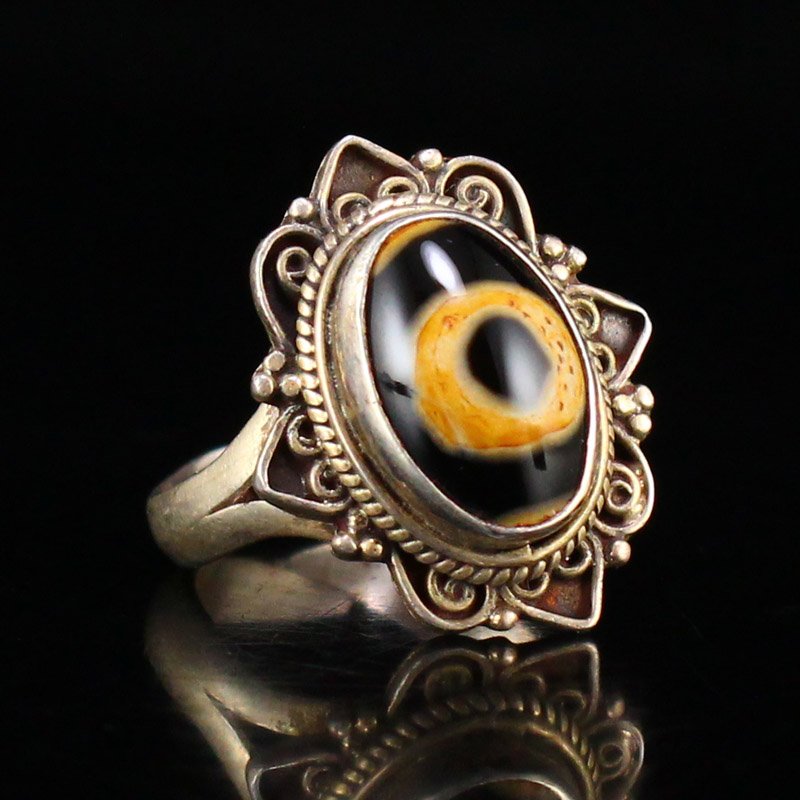 Tibetan Pure Silver Inlay DZI Agate Sky Eye Ring (1 of 5)