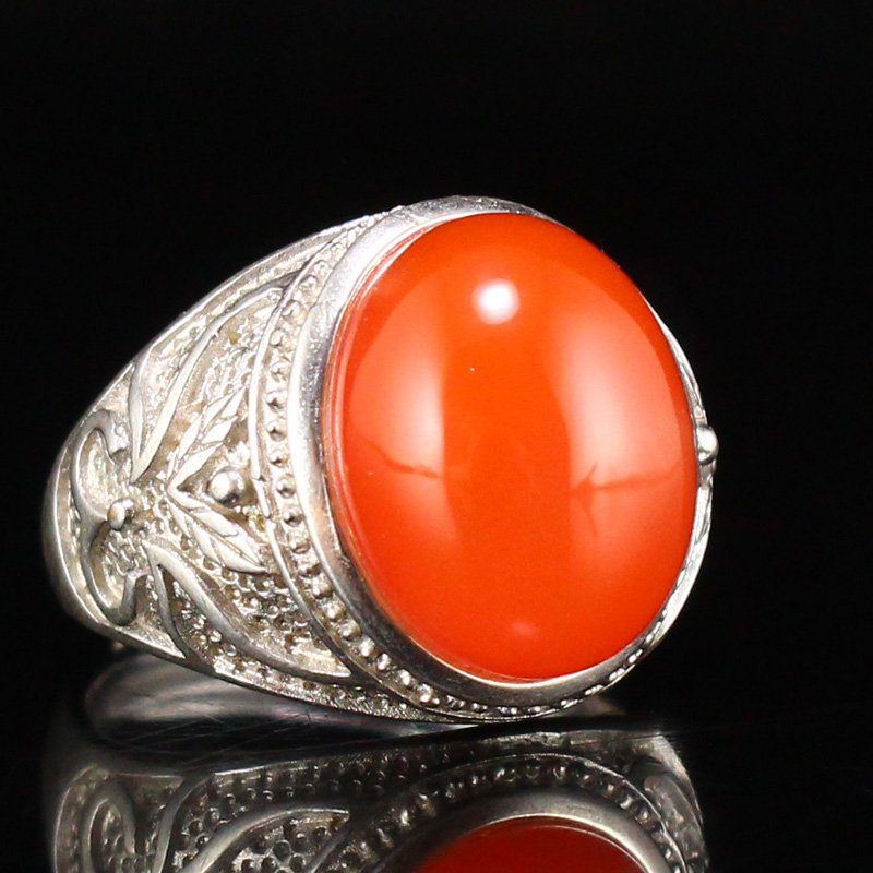 Chinese Silver Inlay Nanhong Agate Ring w Certificate (1 of 8)