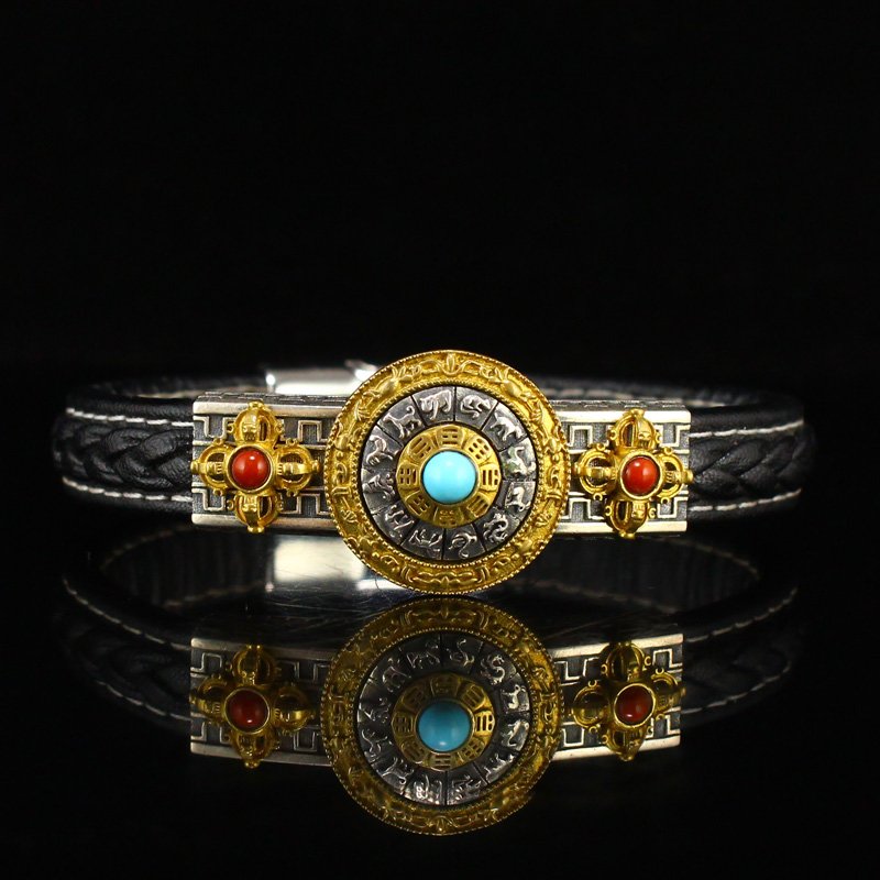 Beautiful Silver Gilt Gold Inlay Gem & Leather Bracelet (1 of 6)