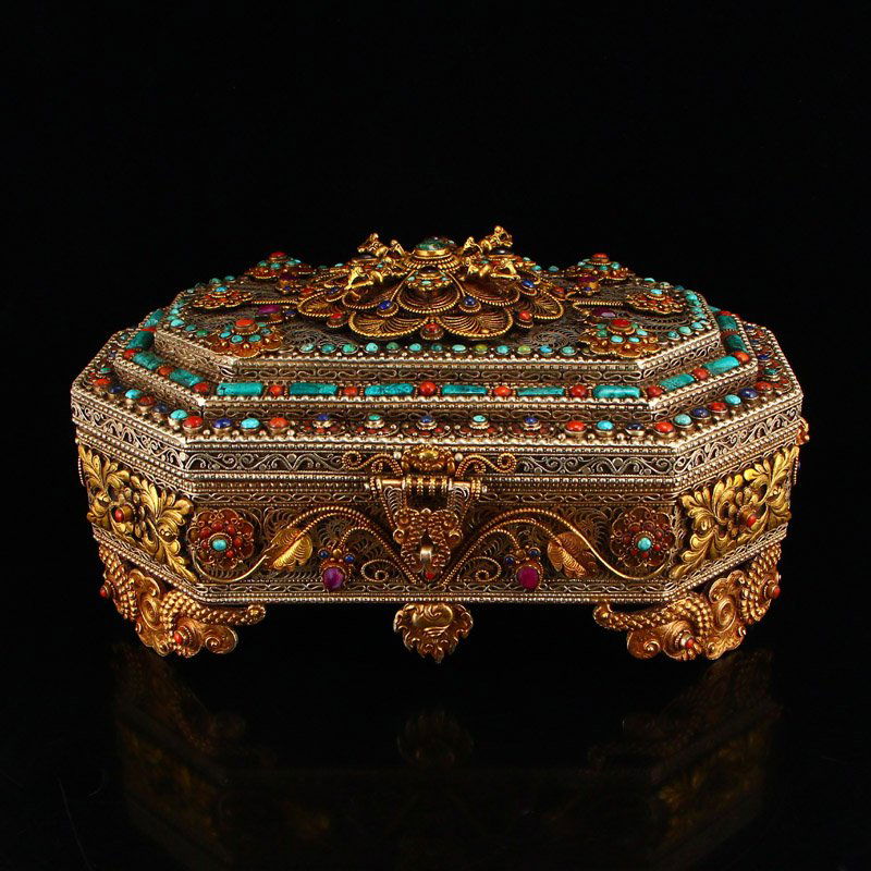 Vintage Tibetan Silver Inlay Natural Gems Jewelry Box (1 of 13)