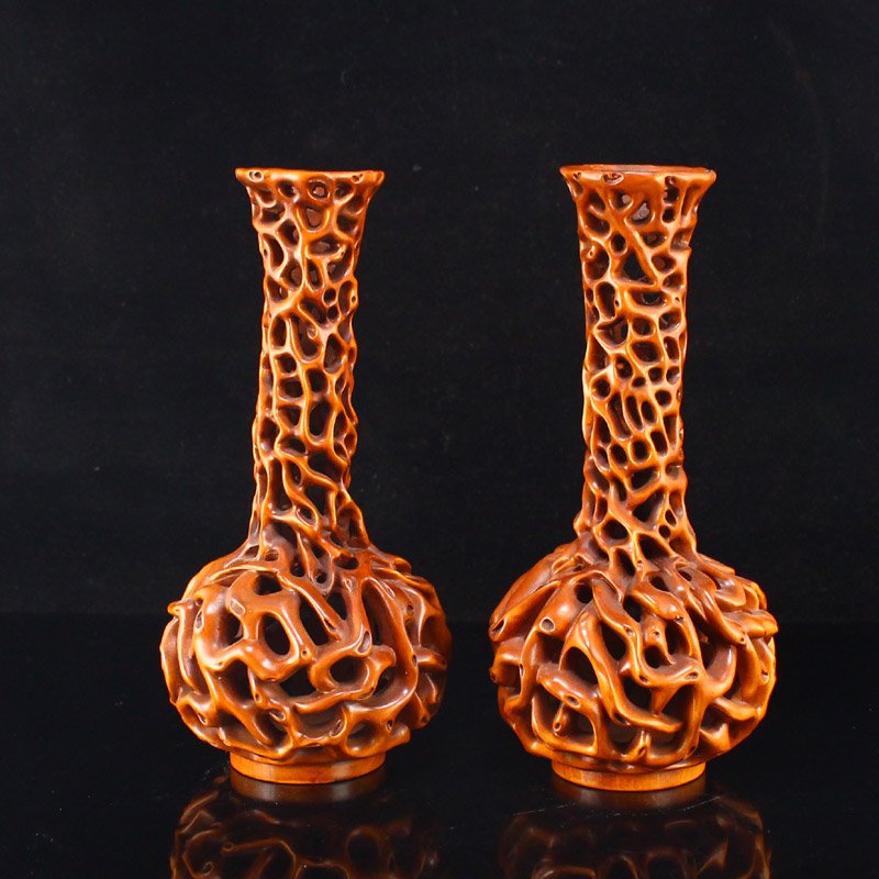 A Pair Openwork Chinese Boxwood Wood Vase (1 of 6)