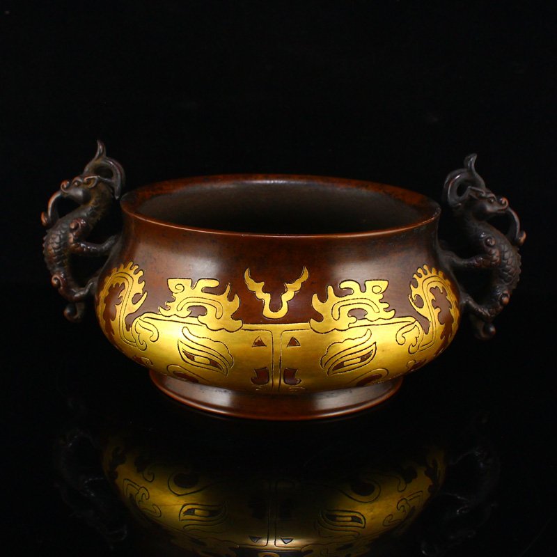 Ming Dy Gilt Gold Red Copper Double Ears Incense Burner (1 of 9)
