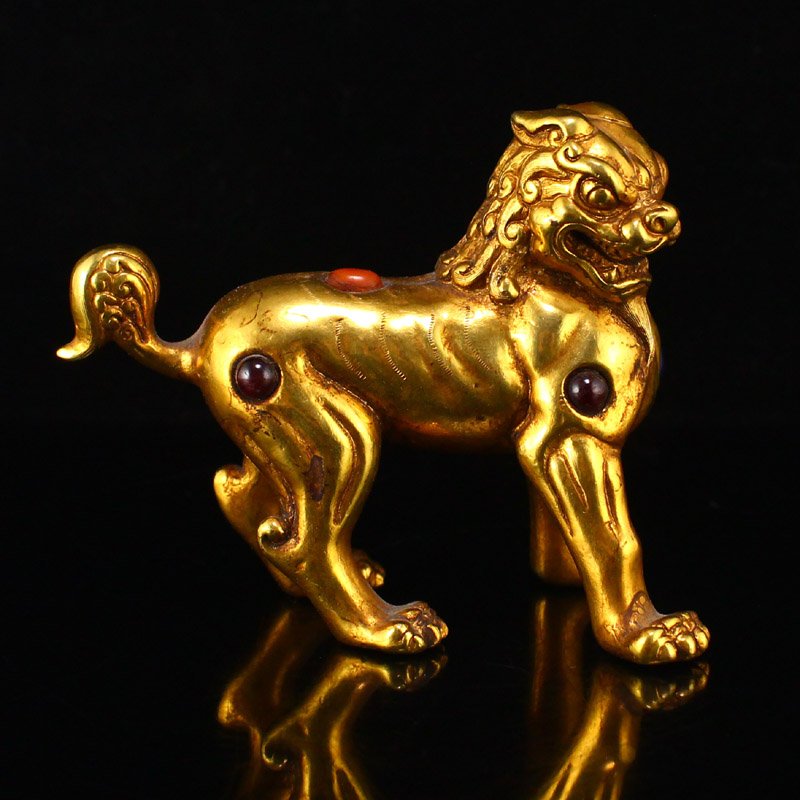 Old Gilt Gold Red Copper Inlay Gem Lucky Lion Statue (1 of 6)