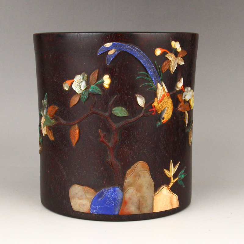 Zitan Wood Inlay Shell & Gem Flower & Bird Brush Pot (1 of 10)