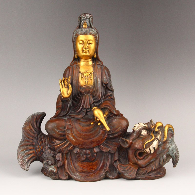Gilt Gold Red Copper Kwan-yin & Dragon Fish Statue (1 of 9)