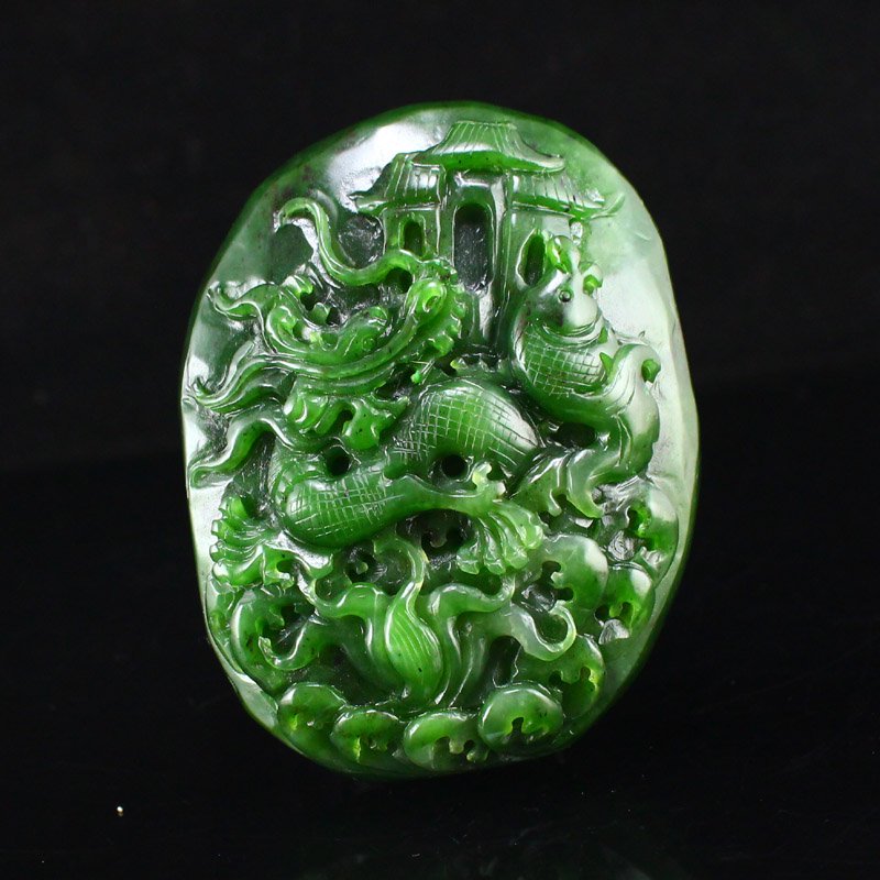Chinese Green Hetian Jade Lucky Dragon & Fish Pendant (1 of 8)