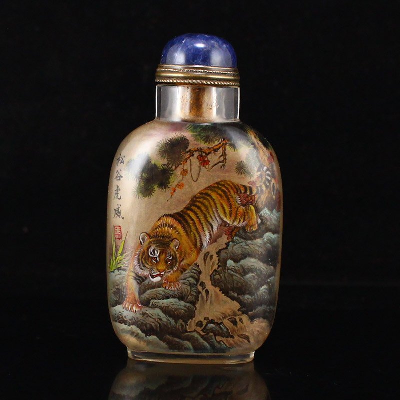 Vintage Peking Glass Inside Painting Tiger Snuff Bottle (1 of 6)