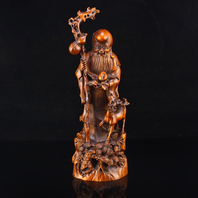 Chinese Boxwood Wood Longevity Taoism Deity Statue (1 of 8)