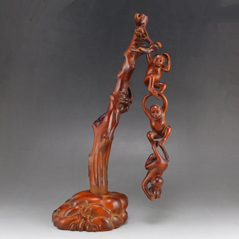 Chinese Boxwood Wood Carved Three Monkey Statue (1 of 7)