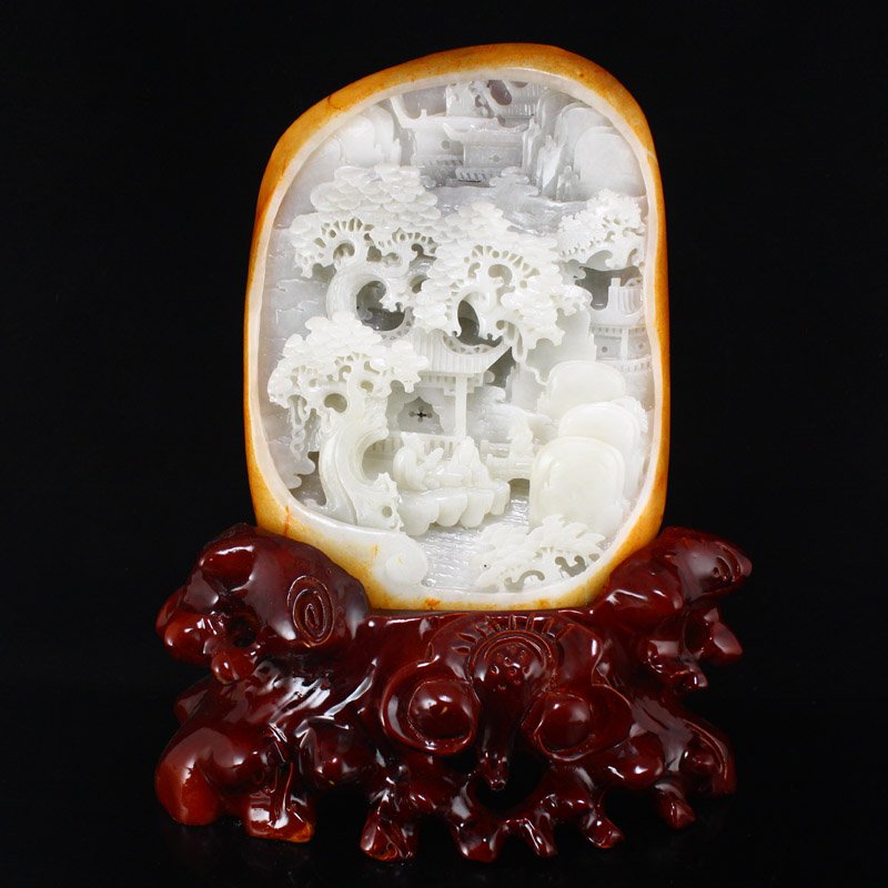 Hetian Jade Pine Tree Figure Statue w Certificate (1 of 9)