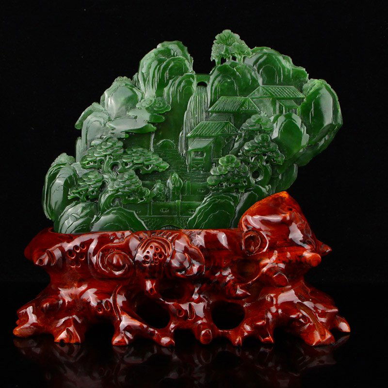 Chinese Green Hetian Jade Scenery Figure Statue (1 of 8)