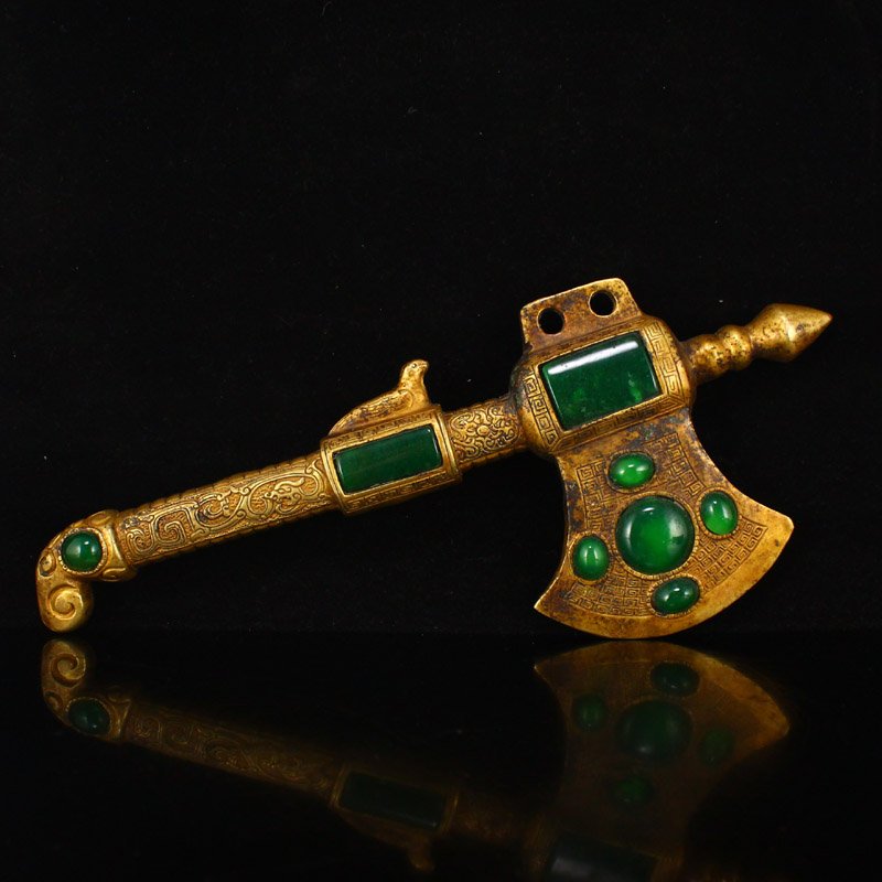 Gilt Gold Red Copper Inlay Green Gem Hatchet Statue (1 of 7)