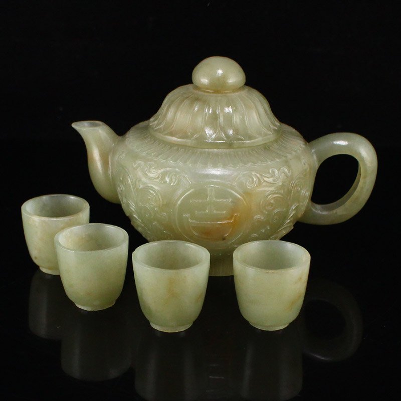 A Set Chinese Qing Dy Hetian Jade Teapot & Cups (1 of 13)