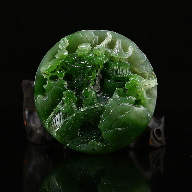 Natural Green Hetian Jade Pine Tree & Figure Pendant (1 of 7)