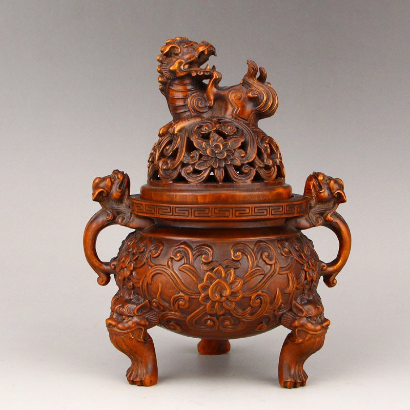 Boxwood Wood 3 Legs Double Ears Kylin Incense Burner (1 of 8)