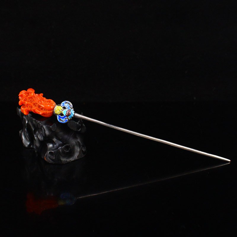 Chinese Pure Silver Inlay Nanhong Agate Hairpin (1 of 6)