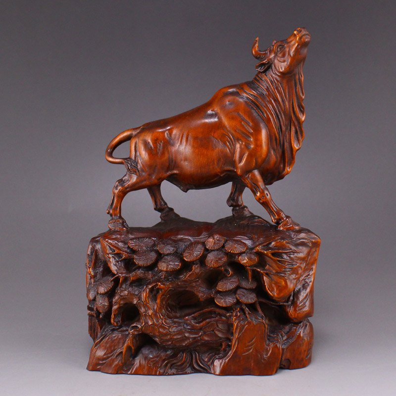 Chinese Boxwood Wood Carved Ox & Pine Tree Statue (1 of 9)