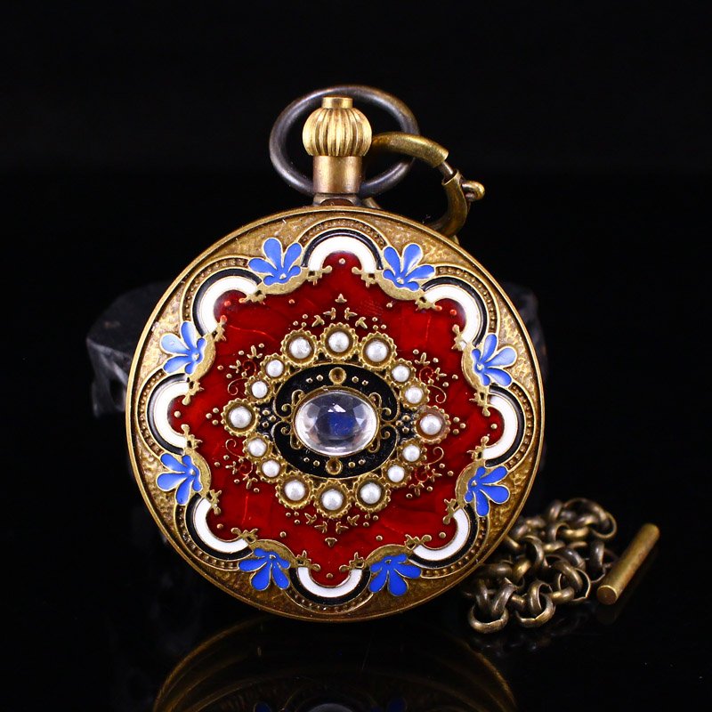 Vintage Brass Enamel Inlay Gem Pocket Watch (1 of 6)