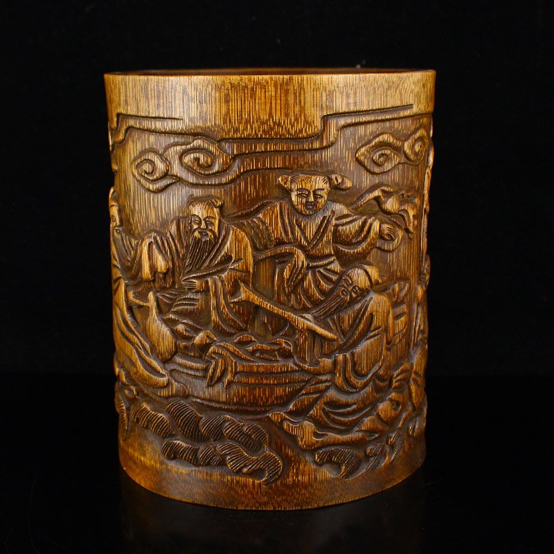 Chinese Bamboo Carved Sages Meeting Brush Pot: Chinese Bamboo Carved Sages Meeting Brush Pot Dimension: 143 x 116 x 116(mm) 5.63 x 4.57 x 4.57 (inches) Weight 0.64 lbs/292 g